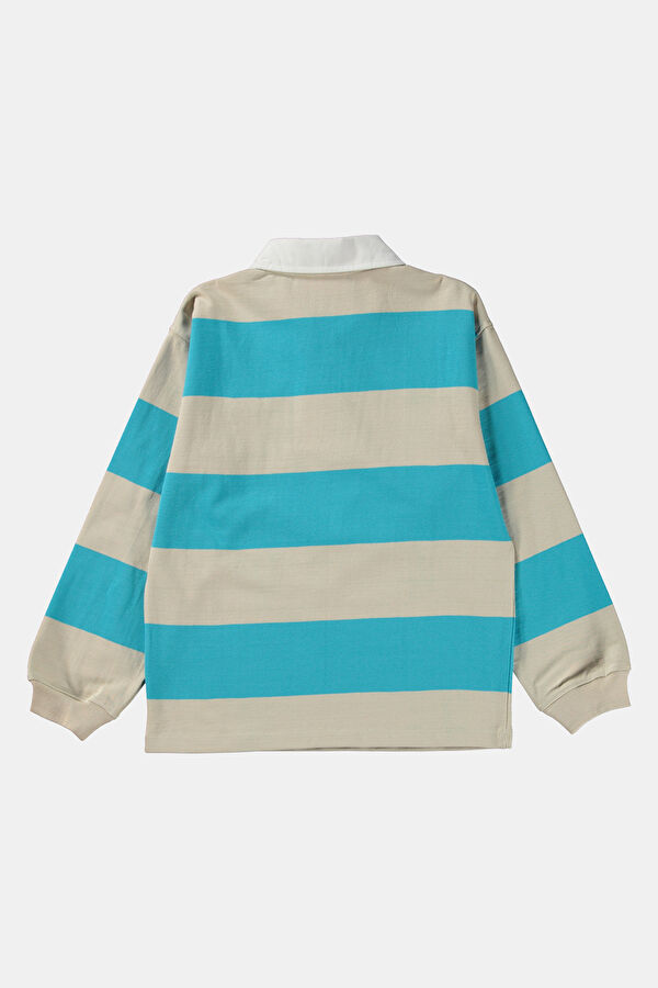 Turquoise Polo Collar Striped Kids T-Shirt 5