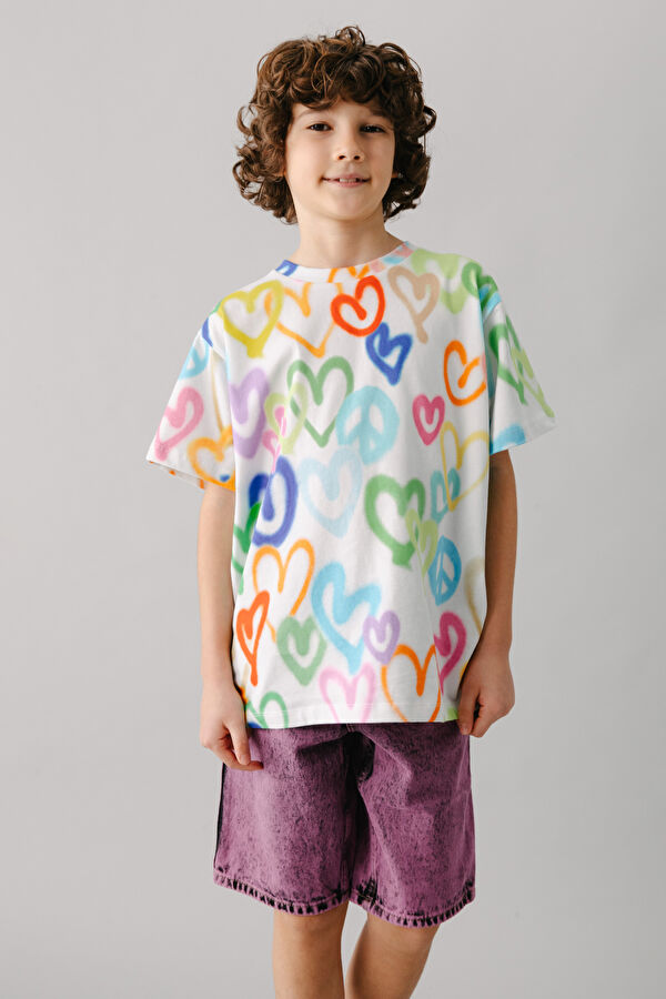 Unisex Çok Renkli O Yaka Desenli Çocuk T-Shirt