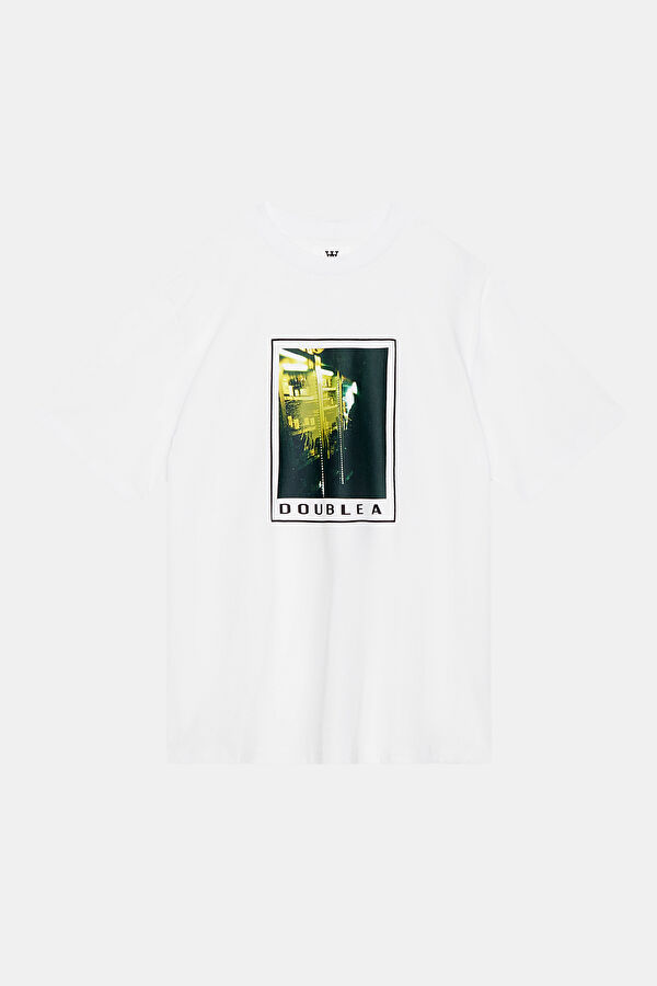 Relax Kalıp Beyaz Bisiklet Yaka Baskılı Erkek T-Shirt