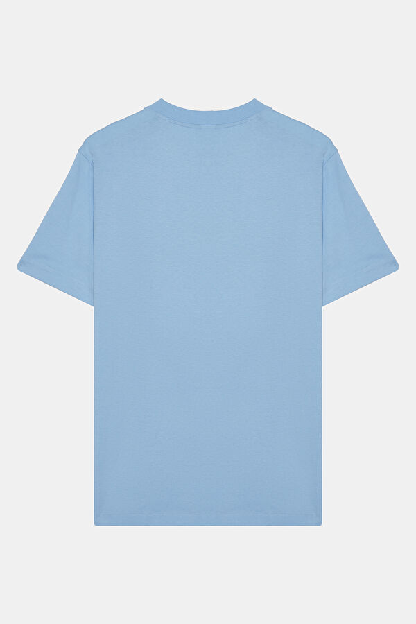 Relax Kalıp Mavi Bisiklet Yaka Baskılı T-Shirt 2