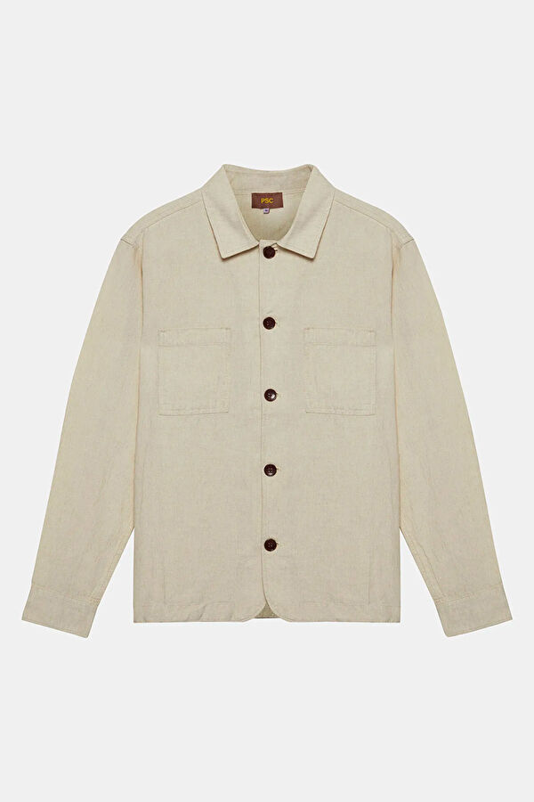 Beige Patterned Linen Cotton Men's Shirt 5
