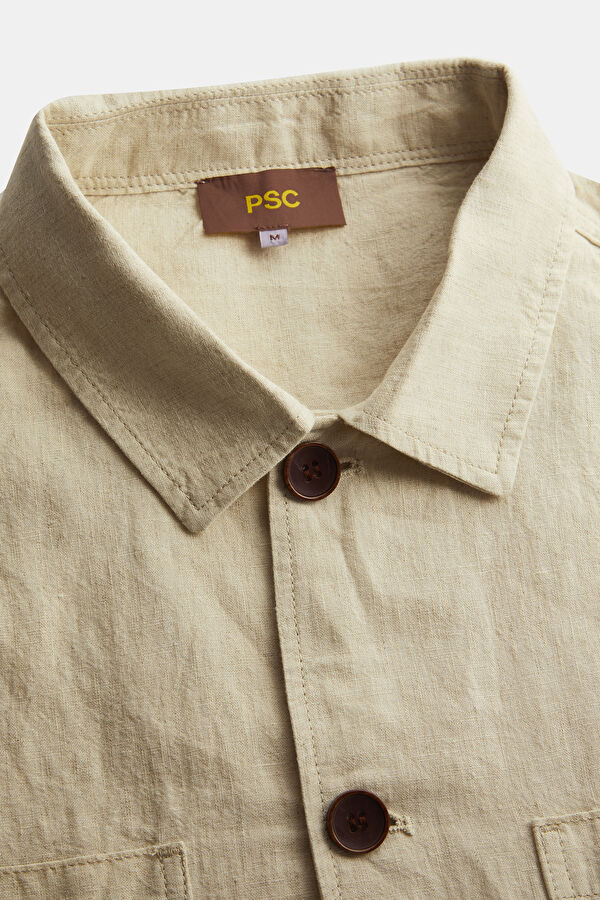 Beige Patterned Linen Cotton Men's Shirt 7
