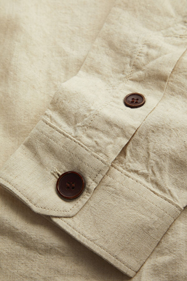 Beige Patterned Linen Cotton Men's Shirt 8