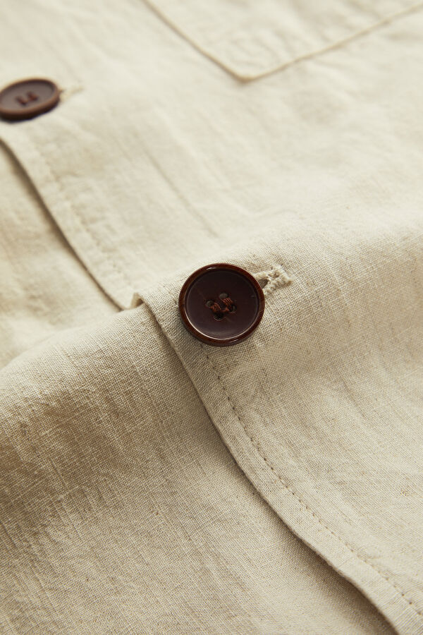 Beige Patterned Linen Cotton Men's Shirt 9