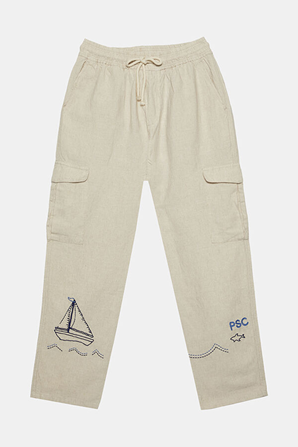 Beige Straight Leg Linen Cotton Men's Trousers 5