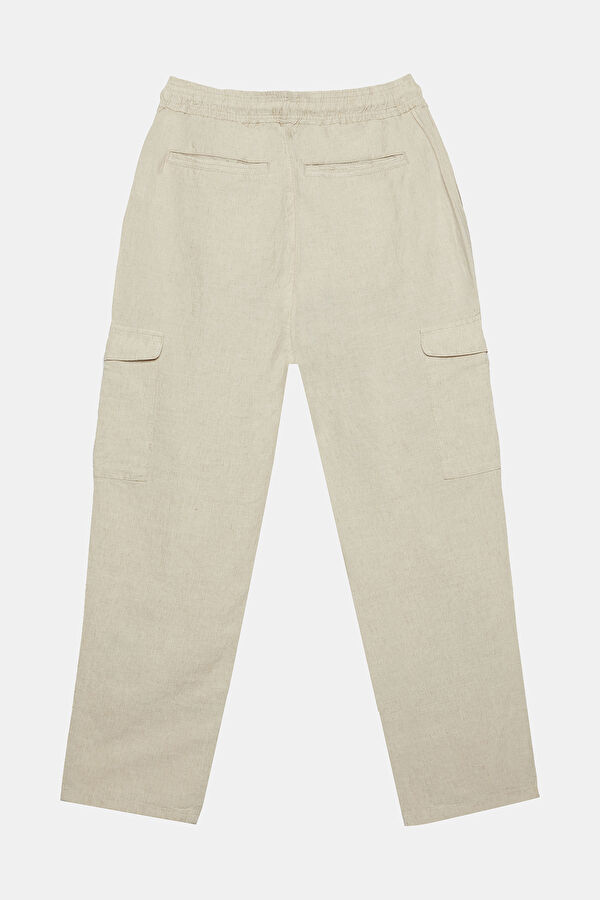 Beige Straight Leg Linen Cotton Men's Trousers 6
