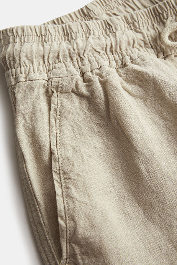 Beige Straight Leg Linen Cotton Men's Trousers 7