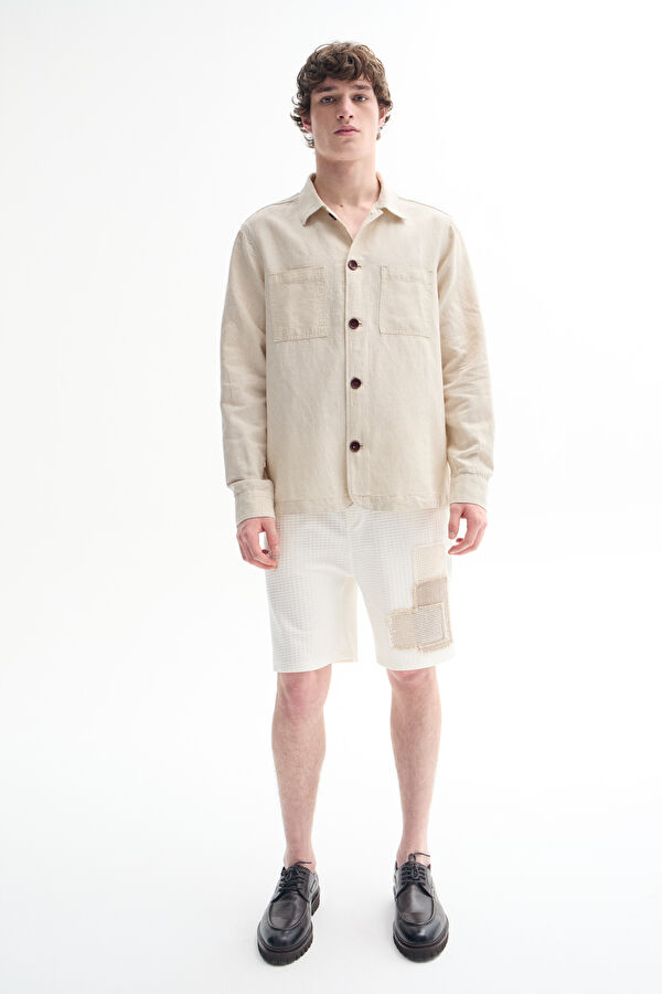 Beige Patterned Linen Cotton Men's Shirt