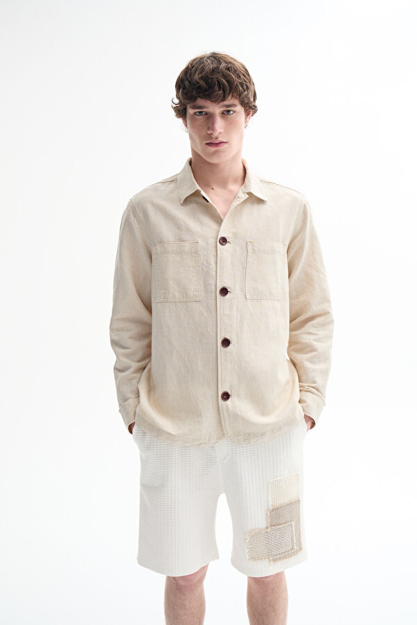 Beige Patterned Linen Cotton Men's Shirt 2