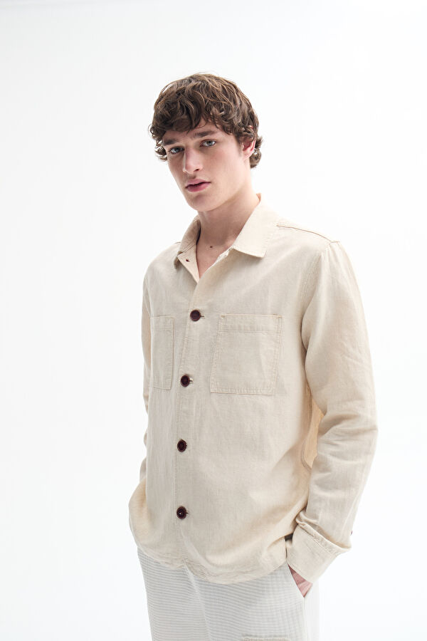 Beige Patterned Linen Cotton Men's Shirt 3