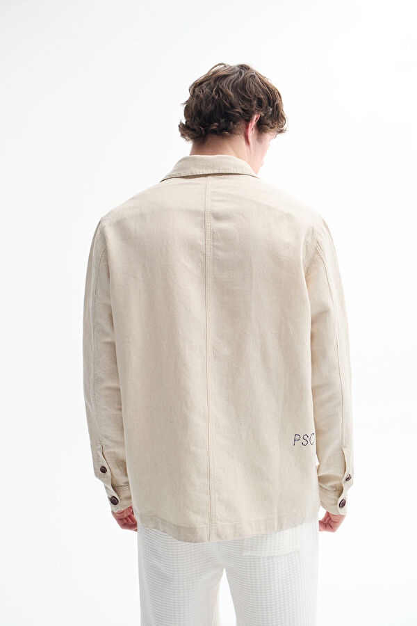 Beige Patterned Linen Cotton Men's Shirt 4