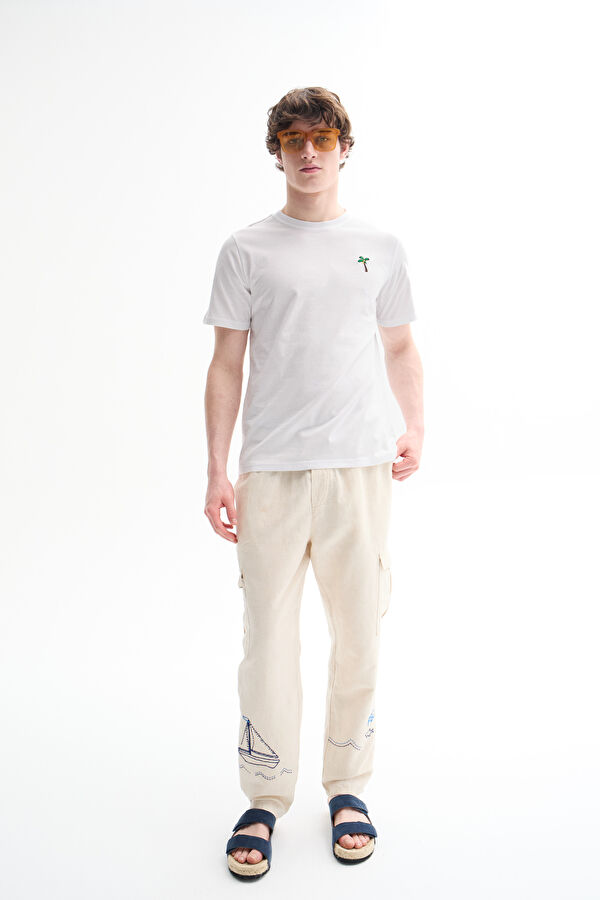 Beige Straight Leg Linen Cotton Men's Trousers