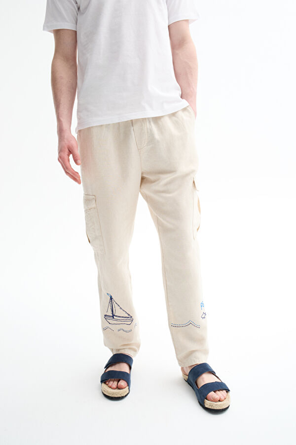 Beige Straight Leg Linen Cotton Men's Trousers 2