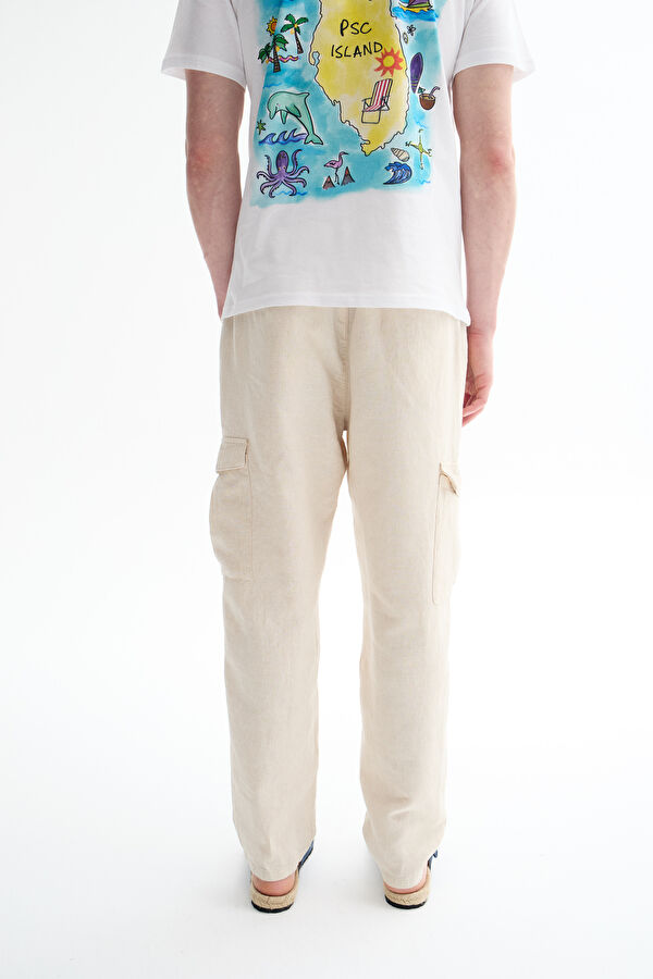Beige Straight Leg Linen Cotton Men's Trousers 4