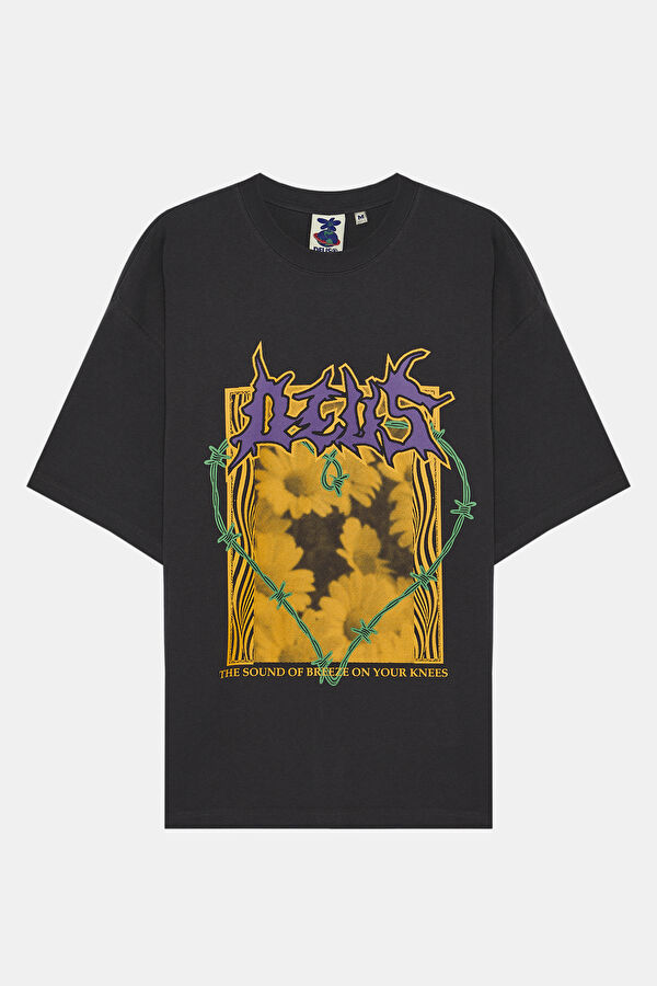 Oversize Bisiklet Yaka Baskılı Antrasit T-Shirt 3
