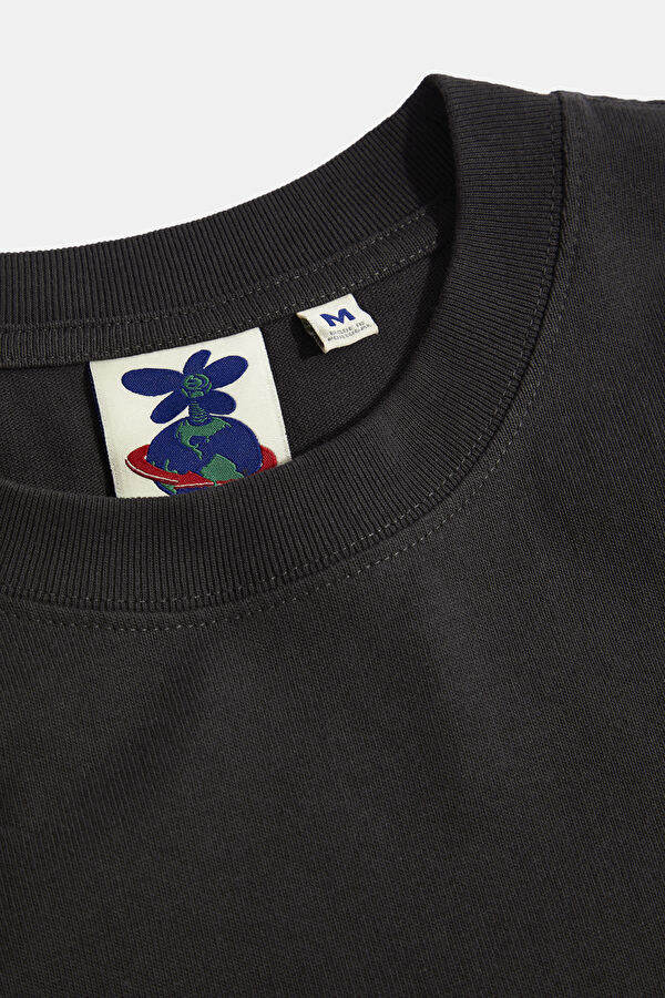 Oversize Bisiklet Yaka Baskılı Antrasit T-Shirt 5