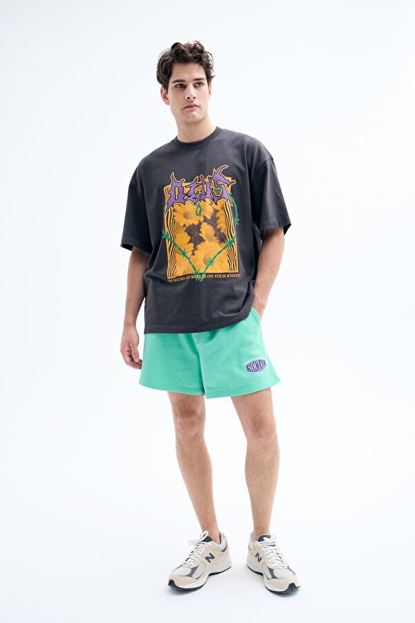 Oversize Bisiklet Yaka Baskılı Antrasit T-Shirt