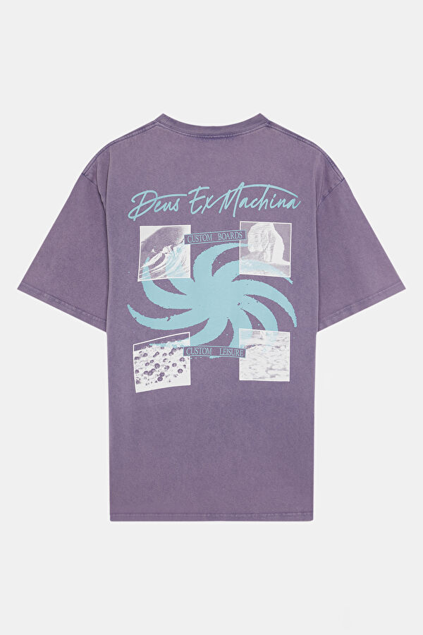 Relax Kalıp Mor Bisiklet Yaka Baskılı T-Shirt 4