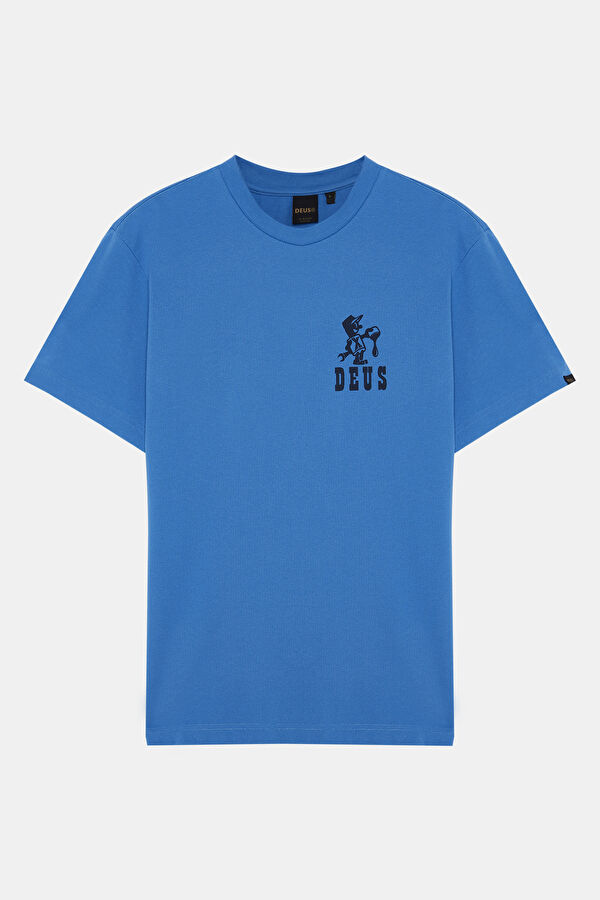 Relax Kalıp Mavi Bisiklet Yaka Baskılı T-Shirt