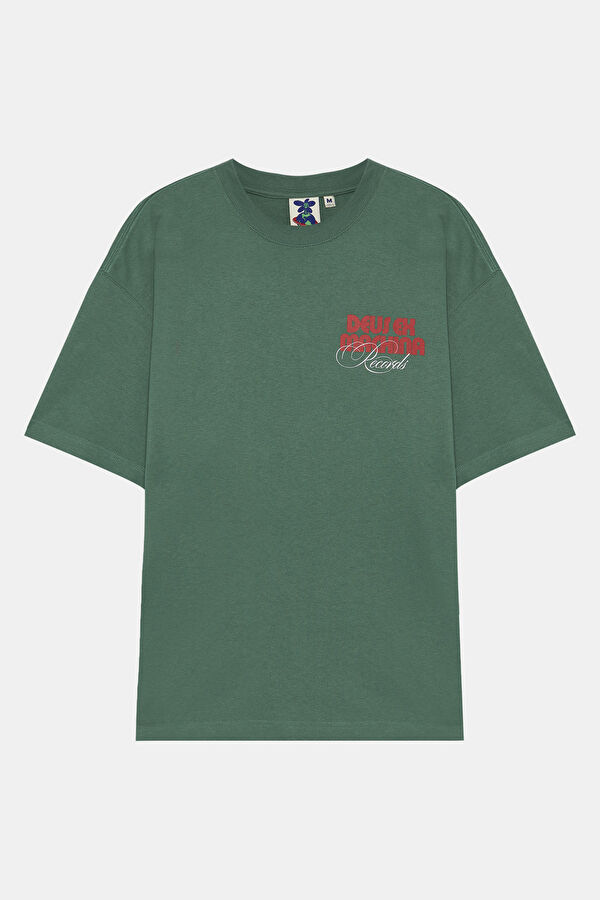 Oversize Bisiklet Yaka Baskılı Koyu Yeşil T-Shirt