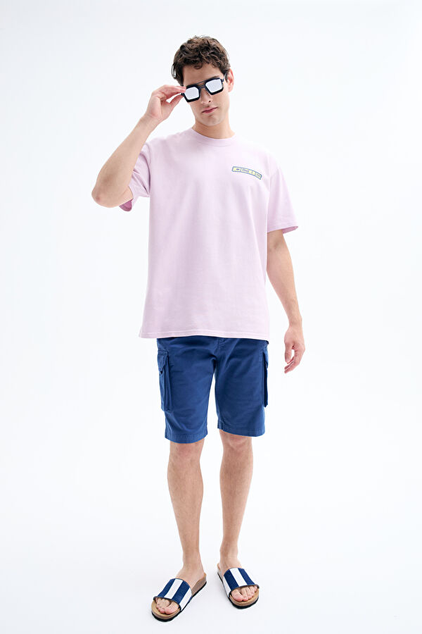 Oversize Bisiklet Yaka Baskılı Pembe Erkek T-Shirt