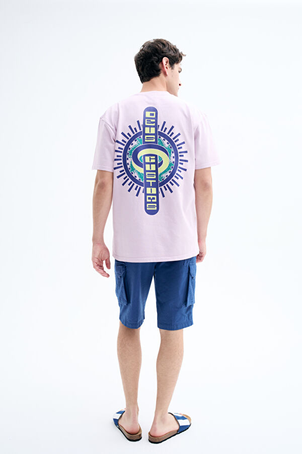 Oversize Bisiklet Yaka Baskılı Pembe Erkek T-Shirt 2