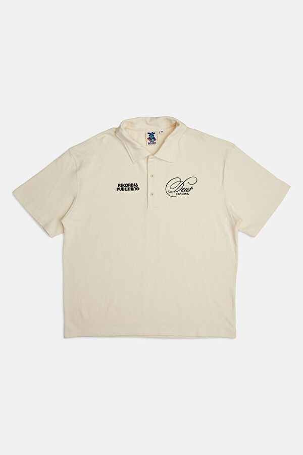 Oversize Bej Polo Yaka Baskılı T-Shirt