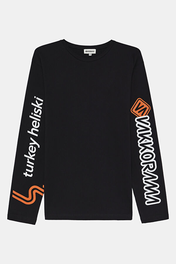 Heliski Siyah Bisiklet Yaka Baskılı Erkek T-Shirt