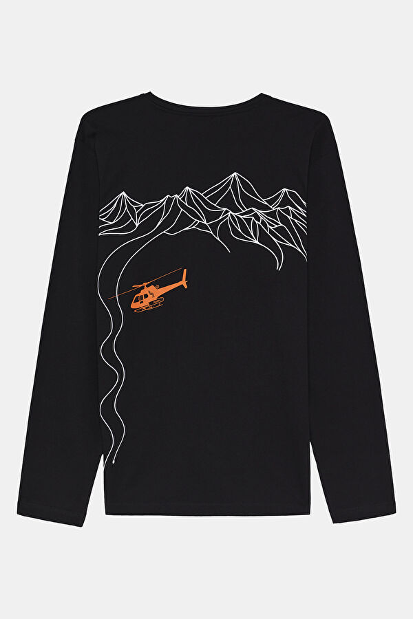 Heliski Siyah Bisiklet Yaka Baskılı Erkek T-Shirt 2