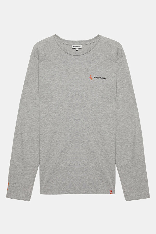 Heliski Gri Melanj Bisiklet Yaka Baskılı Erkek T-Shirt