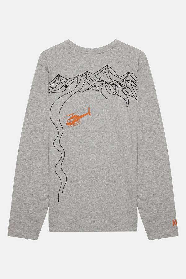 Heliski Gri Melanj Bisiklet Yaka Baskılı Erkek T-Shirt 2