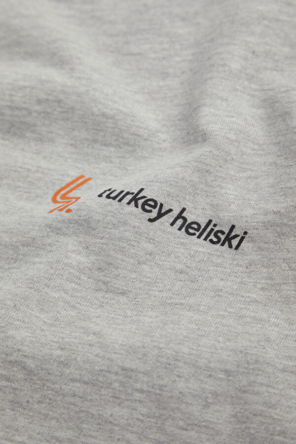 Heliski Gri Melanj Bisiklet Yaka Baskılı Erkek T-Shirt 4