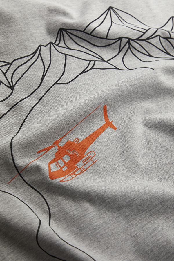 Heliski Gri Melanj Bisiklet Yaka Baskılı Erkek T-Shirt 5