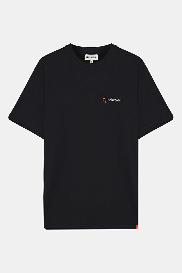 Heliski Siyah Bisiklet Yaka Baskılı T-Shirt