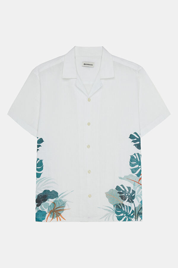 White Patterned Resort Collar Shirt