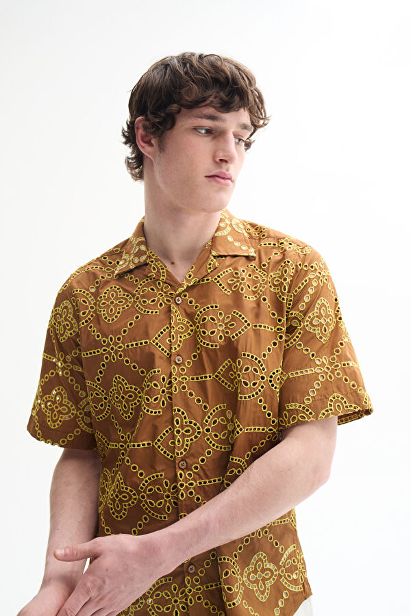 Yellow Textured Resort Collar Shirt