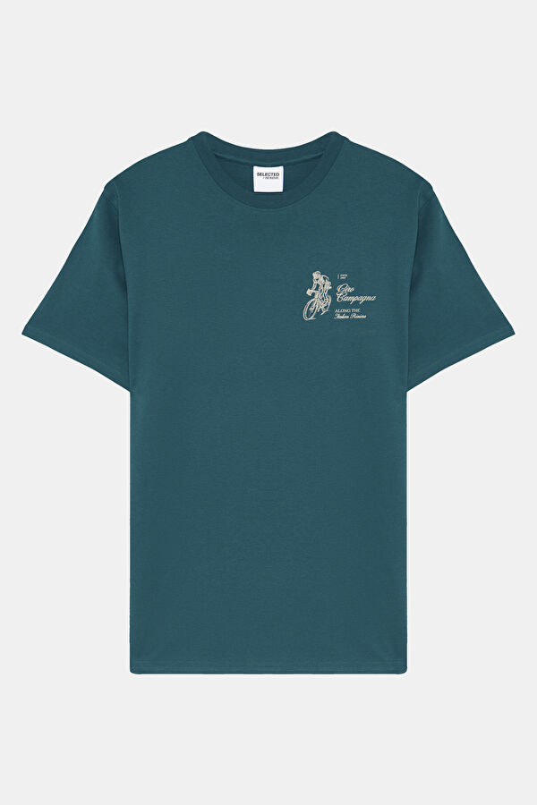 Bisiklet Yaka Baskılı Mavi T-Shirt
