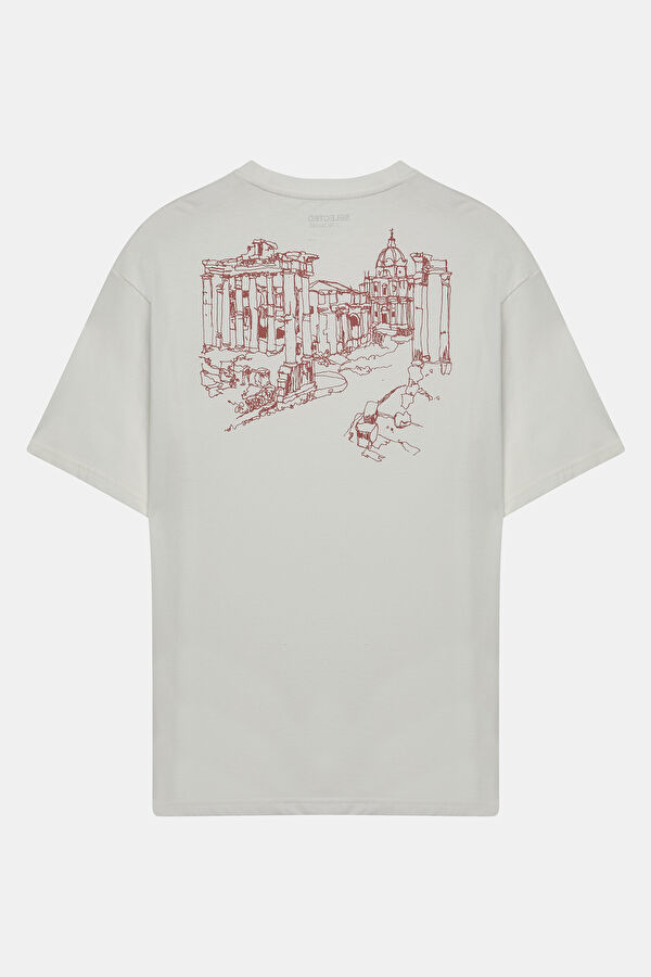 Ekru Bisiklet Yaka Baskılı T-Shirt 5