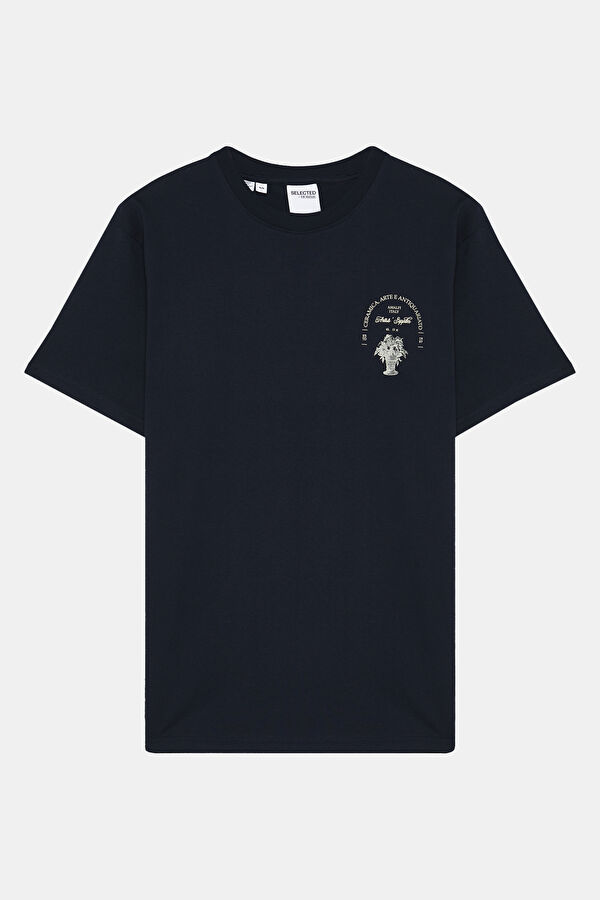 Bisiklet Yaka Baskılı Lacivert T-Shirt