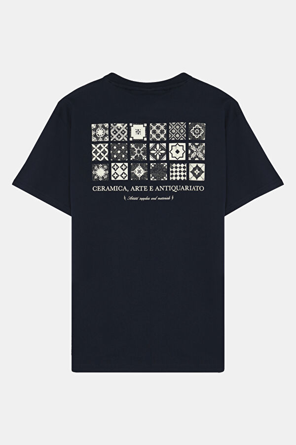 Bisiklet Yaka Baskılı Lacivert T-Shirt 2