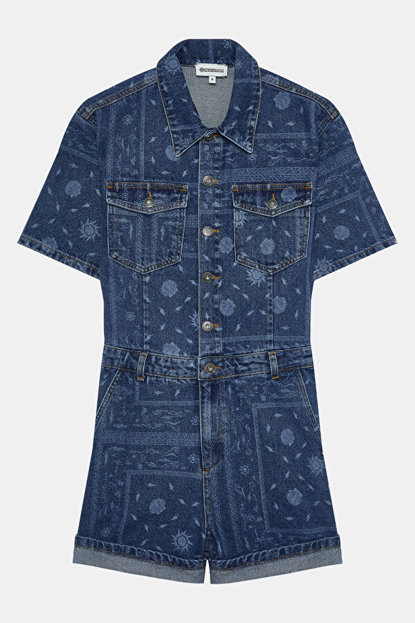 Dark Blue Patterned Buttoned Denim Women's Jumpsuit