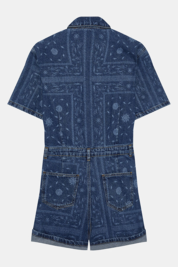 Dark Blue Patterned Buttoned Denim Women's Jumpsuit 2
