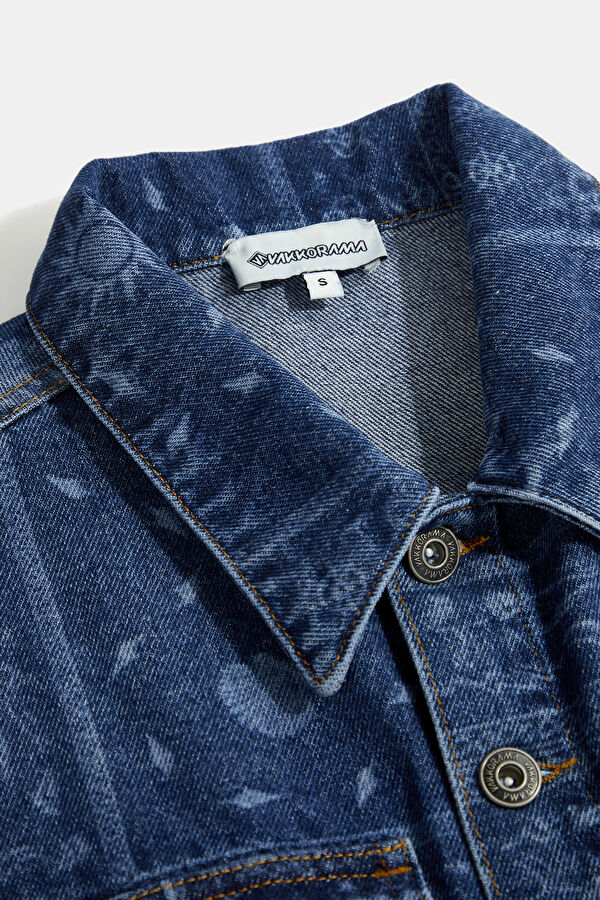 Dark Blue Patterned Buttoned Denim Women's Jumpsuit 3