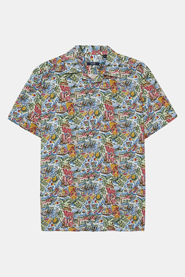 Multicolored Floral Patterned Linen Men's Shirt