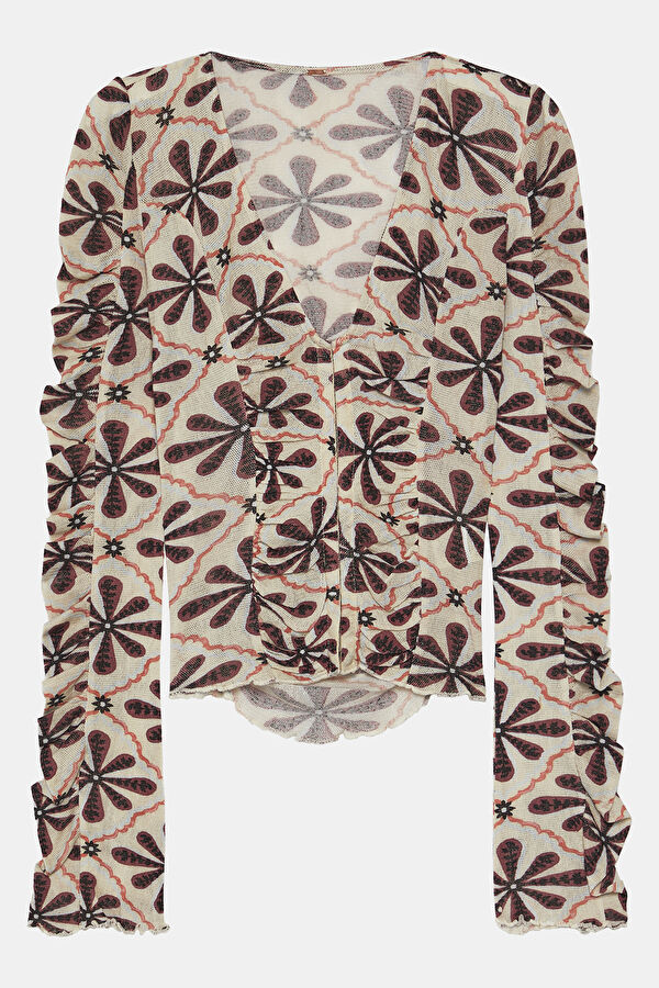 Close Fit Cream Floral Pattern V Neck Blouse 3