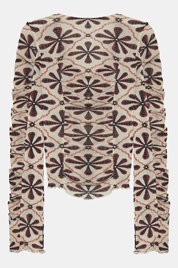 Close Fit Cream Floral Pattern V Neck Blouse 4