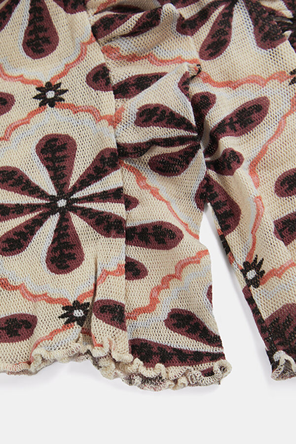Close Fit Cream Floral Pattern V Neck Blouse 6