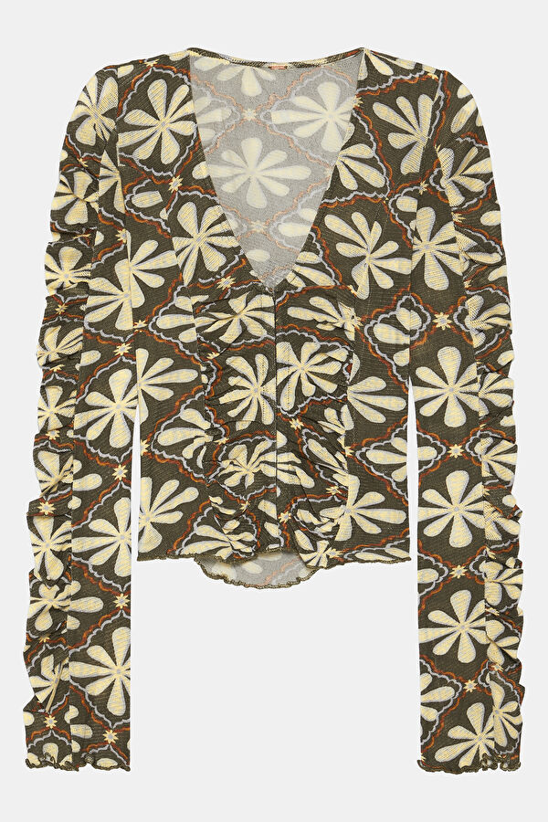 Khaki Floral Pattern Women's Blouse