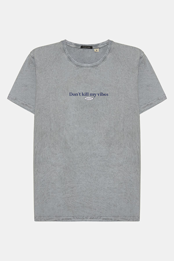 Relax Kalıp Gri Bisiklet Yaka Baskılı T-Shirt