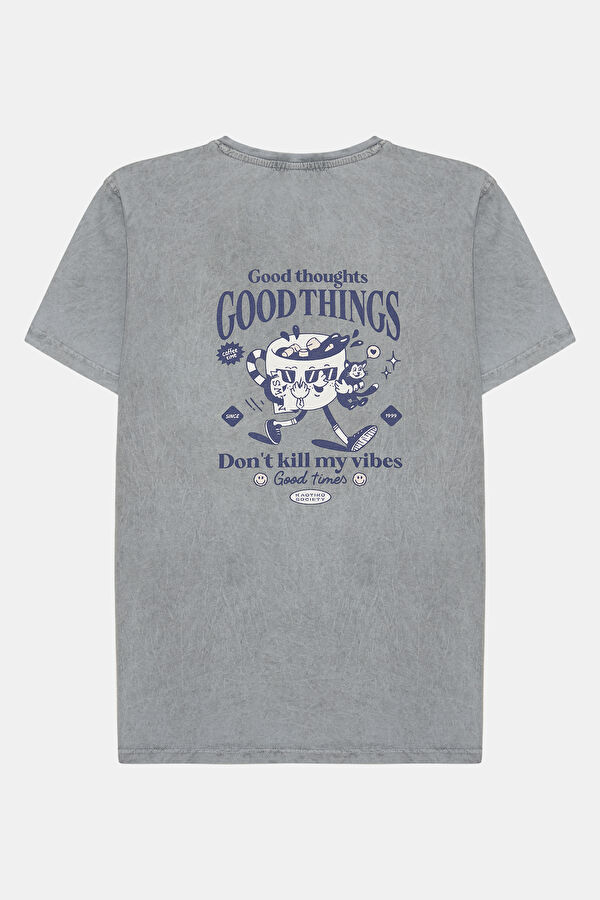 Relax Kalıp Gri Bisiklet Yaka Baskılı T-Shirt 2